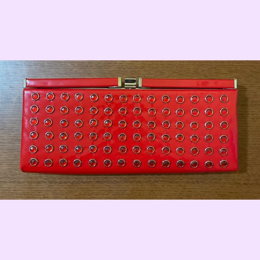 Art Deco Clutch . Red Jeweled Rectangle Patent Leather